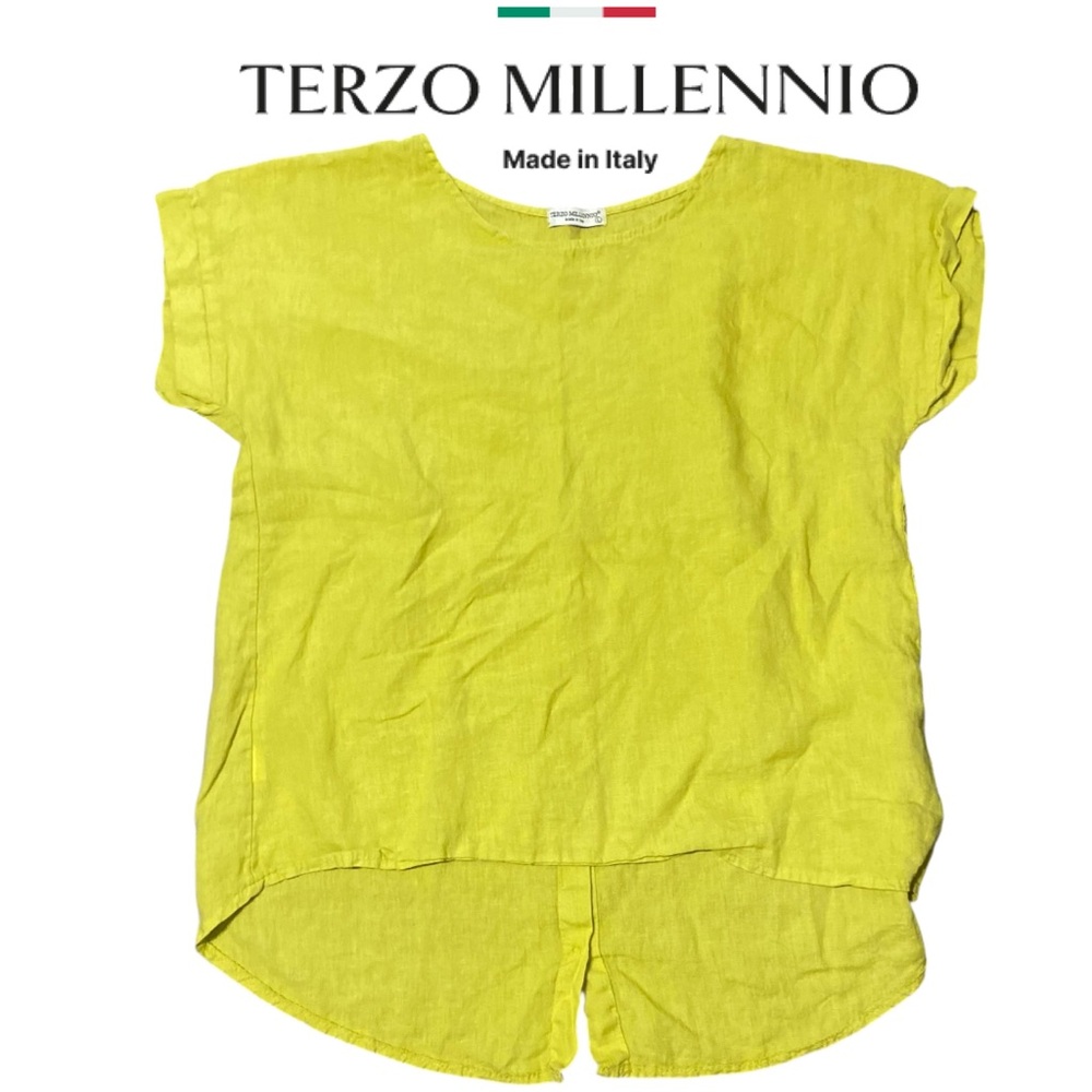 TERZO MILLENNIO 100% Linen Lagenlook Mustard Blouse Hi-low Short Sleeves Large